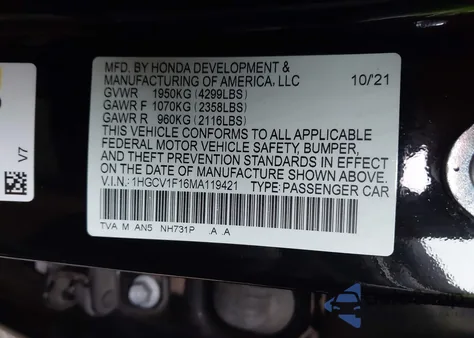 2021 Honda Accord Lx z USA, uszkodzony, nr VIN 1HGCV1F16MA119421